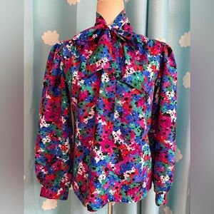 Vintage bow colorful button down silky polyester blouse. M